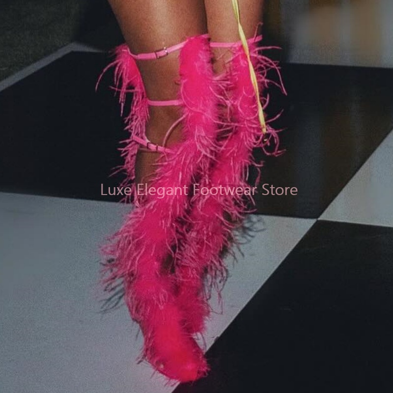 Pink Feather Strappy Hollow Bu - High Knee Heel Boots 评论和价格