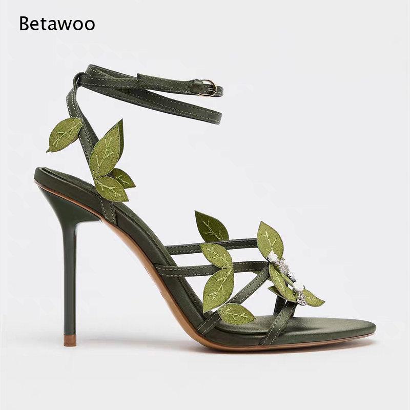 Dark Green Satin 3D Leaf Rhine - Gladiator Sandal Women 评论和价格