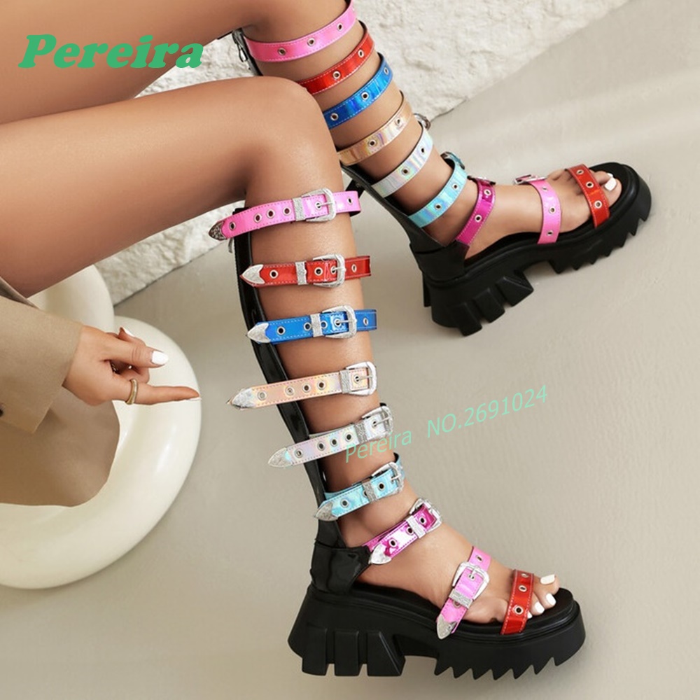 Colorful Multi Buckle Straps K - High Knee Heel Boots 评论和价格