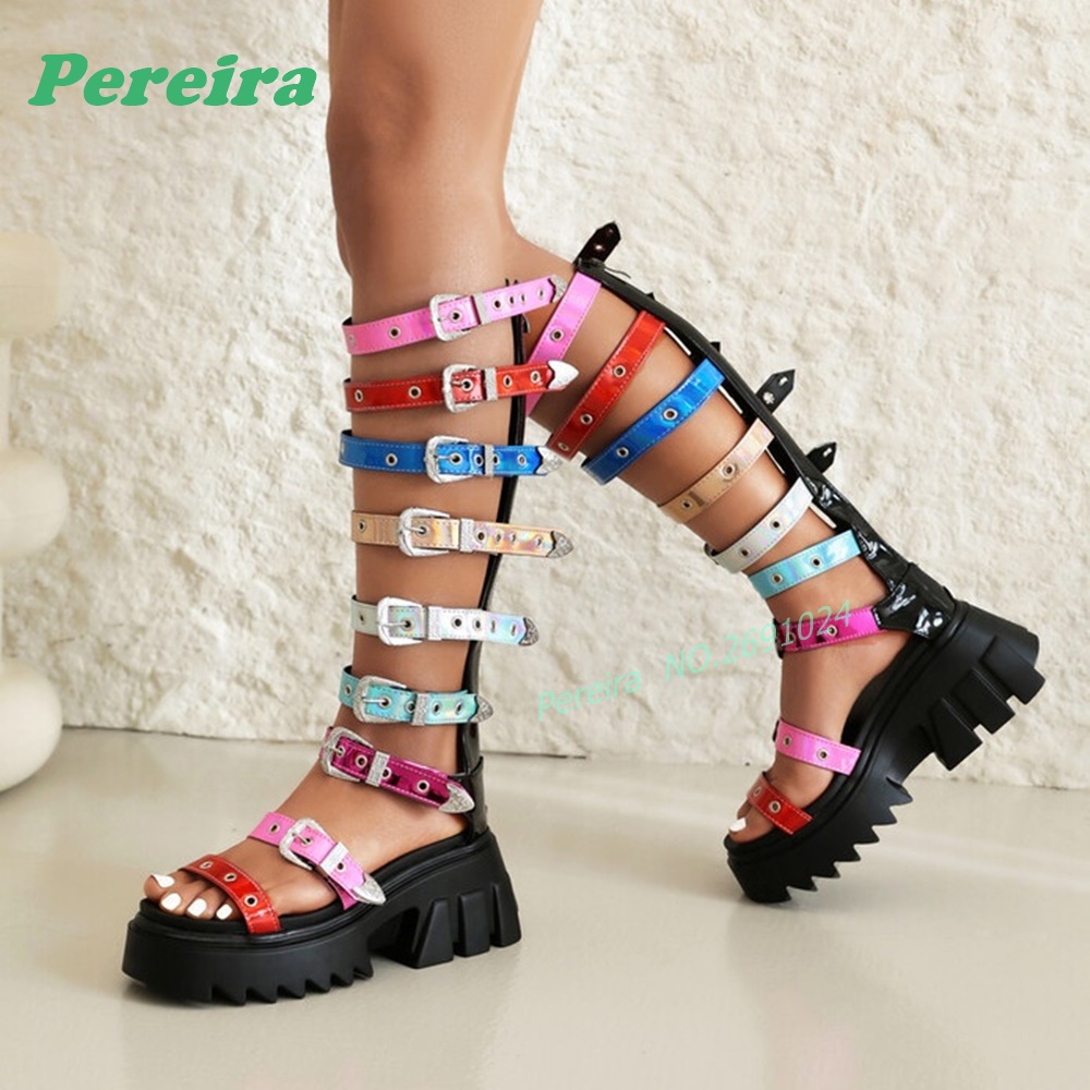 Colorful Multi Buckle Straps K - High Knee Heel Boots 评论和价格