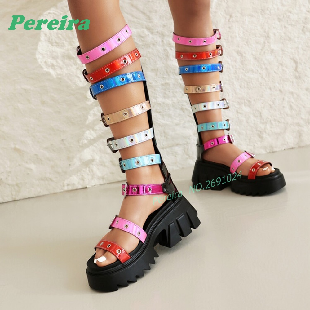 Colorful Multi Buckle Straps K - High Knee Heel Boots 评论和价格