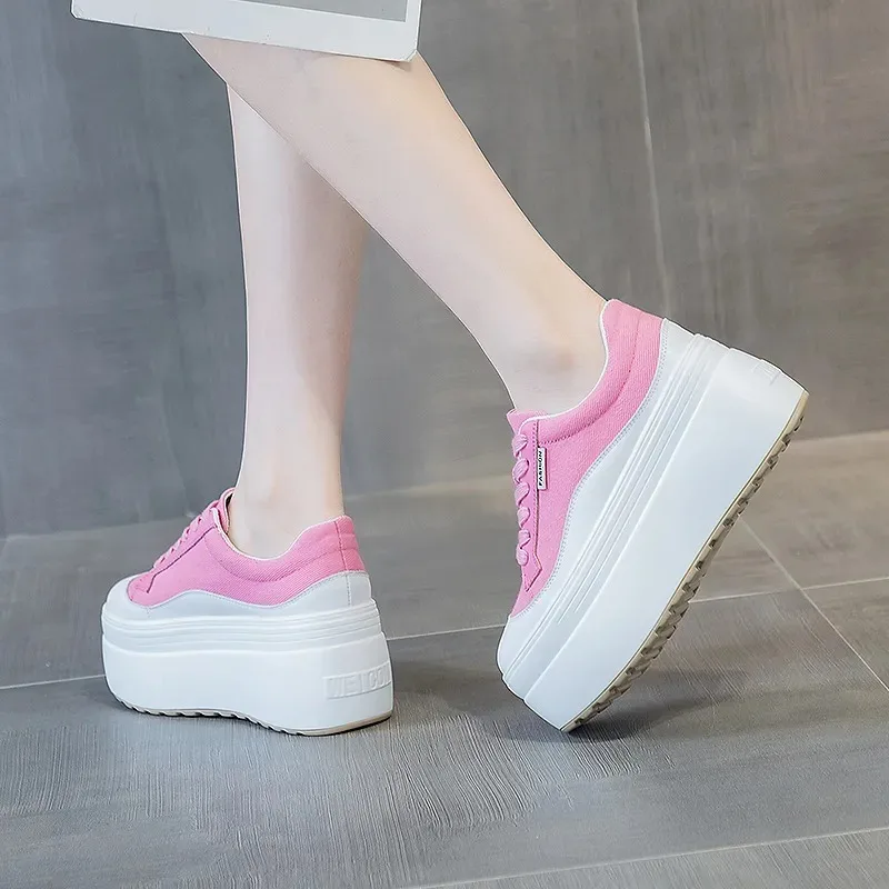 8cm New Canvas Genuine Leather - Wedge Heeled Sneaker 评论和价格