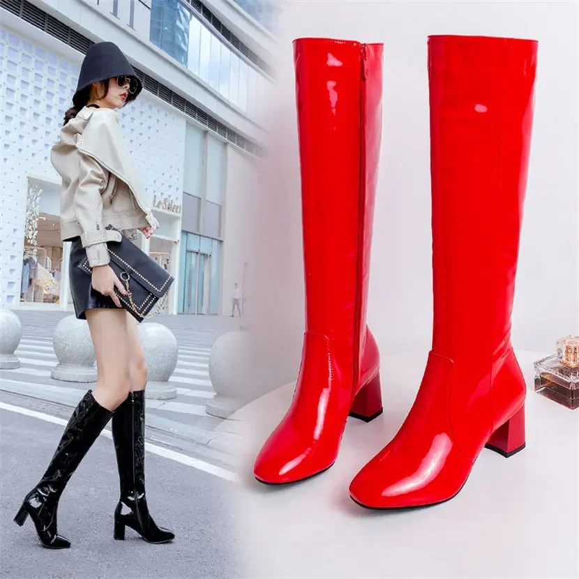 Red White Patent Leather Women - High Knee Heel Boots 评论和价格