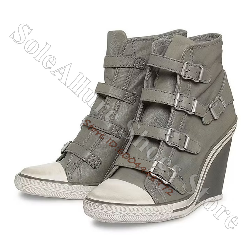 Grey Multi Buckle High Top Wed - Wedge Heeled Sneaker 评论和价格