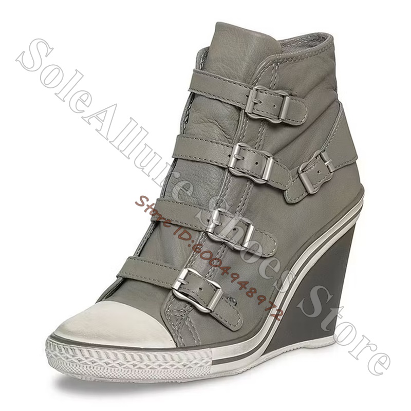 Grey Multi Buckle High Top Wed - Wedge Heeled Sneaker 评论和价格